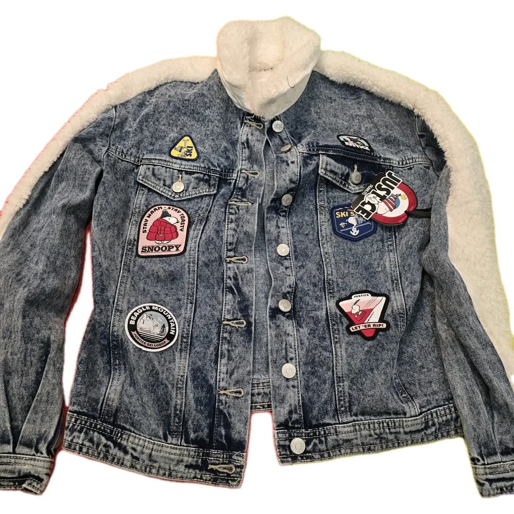 Justice x Peanuts Snoopy Denim Jacket Size L 12/14 Acid Wash Sherpa Unisex Style